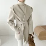 Cardigan hooded mid-length woolen coat - Oatmeal-One Size