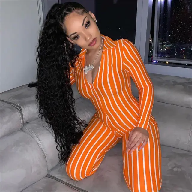Deep V-neck slim fit long sleeve sports fitness stripe Jumpsuit - Orange