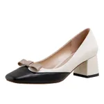 Colorblock square toe chunky heel leather shoes - Black