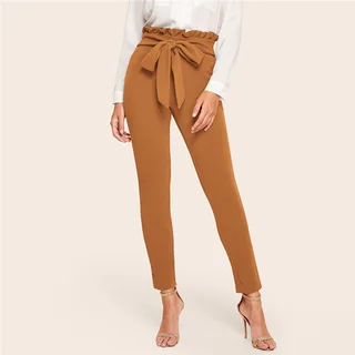 Cropped Trousers Orange Paper Bag Belt Leggings - Orange
