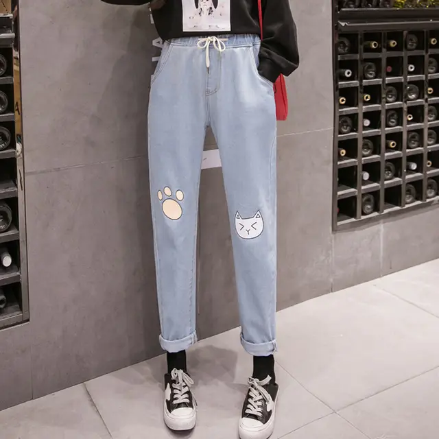 Denim pants with elastic waist Light Blue - Shop at LoveMi