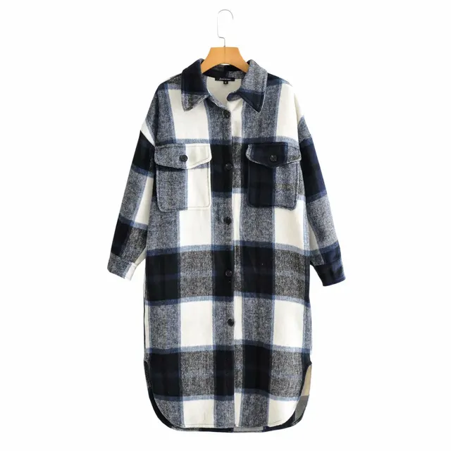New Wool Plaid Coat Lapel Single Breasted Long Coat Black White - Shop at LoveMi