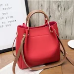 Women Handbag Large Capacity Casual Tote Bag Lady Messenger Shoulder Bag Solid Color Bucket Bag - Red