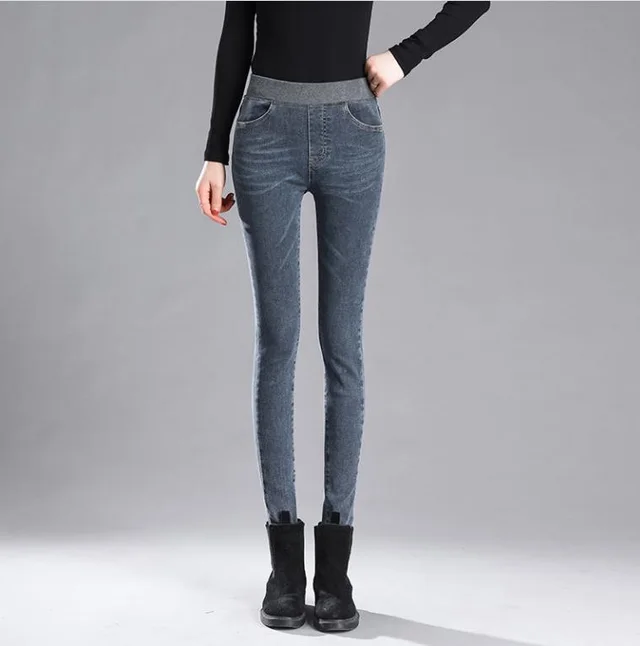 Outer wear warm stretch and fleece elastic waist jeans Blue - Shop at LoveMi