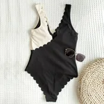 One-piece swimsuit special fabric stitching petal edge personality - Black