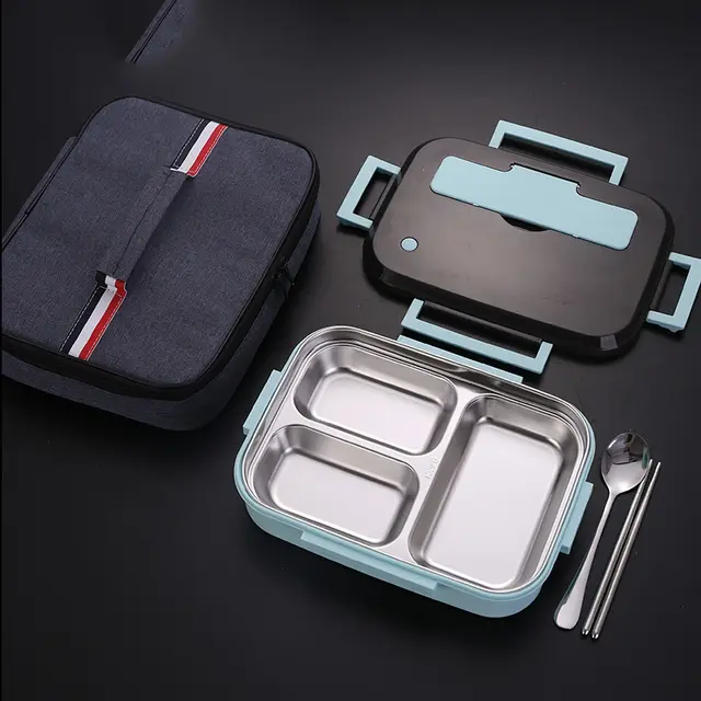304 Stainless Steel Square Lunch Box - Blue 3Position With Bag