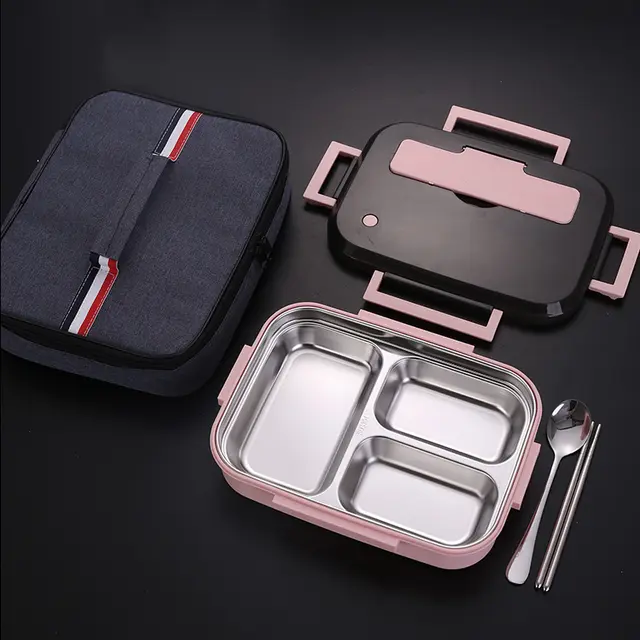 304 Stainless Steel Square Lunch Box - Pink 3Position With Bag