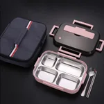 304 Stainless Steel Square Lunch Box - Pink 4Position With Bag