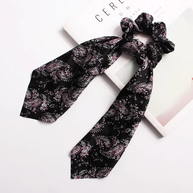 Ribbon Ponytail Printed Large Intestine Hair Tie C3 Black - Shop at LoveMi