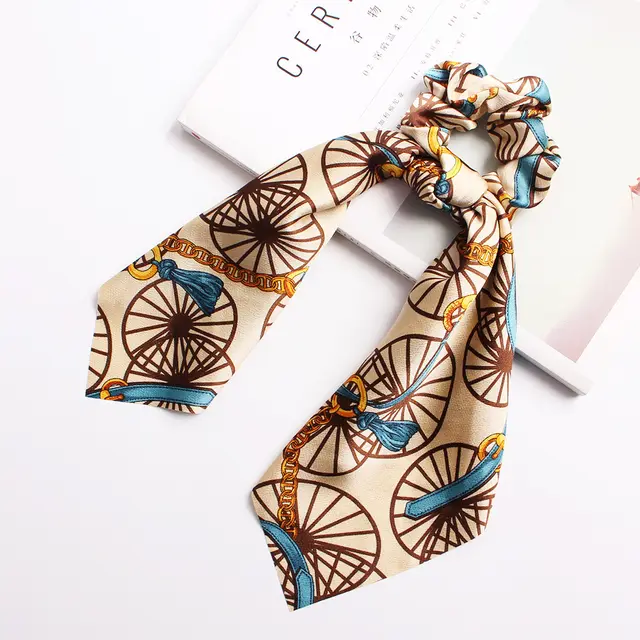 Ribbon Ponytail Printed Large Intestine Hair Tie C4 Champagne - Shop at LoveMi