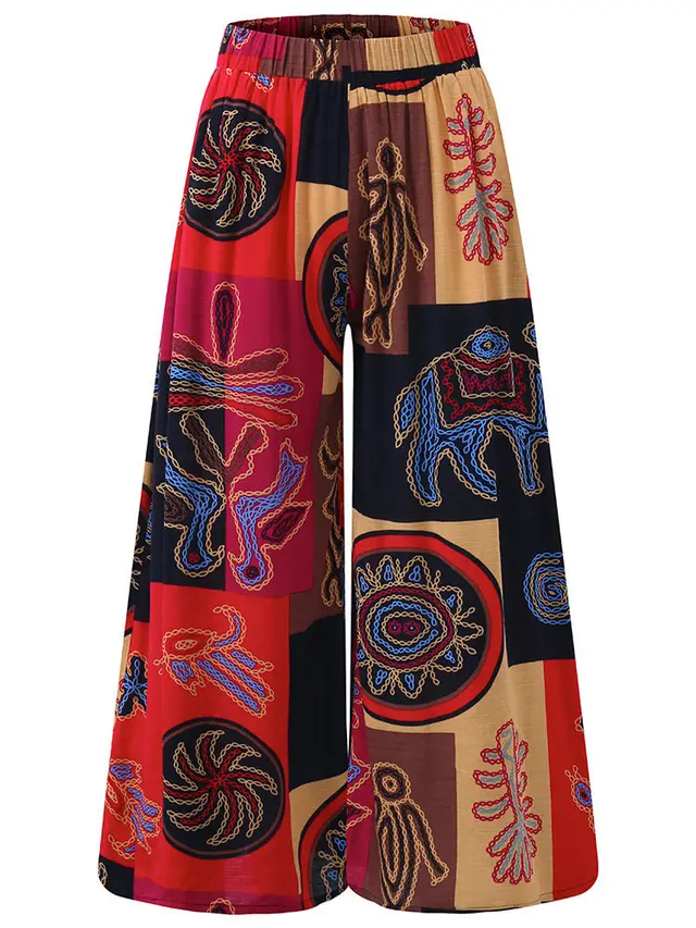 Loose Printed Ladies Casual Trousers - Red