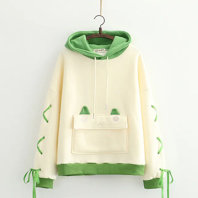 Student Loose and Fleece Warm Hooded Sweater - Beige