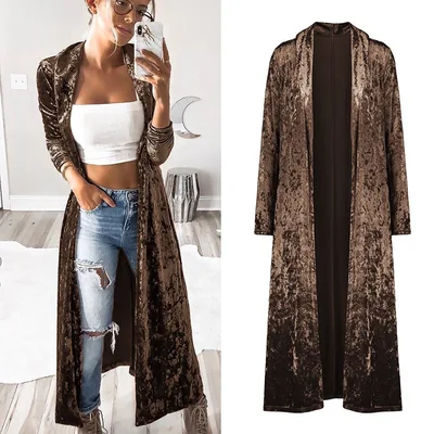 Women's fashion velvet jacket autumn long coat stitch outerwear coat casual tops cardigan women clothing plus size Coffee - Shop at LoveMi