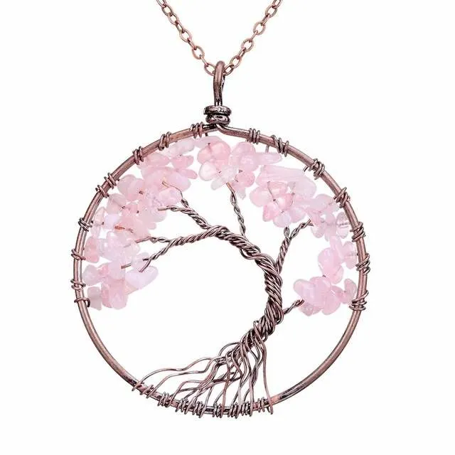 Chakra Tree Of Life Pendant Necklace Copper Crystal - Pink Crystal