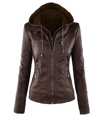 Long sleeved women's leather jacket Coffee - Shop at LoveMi