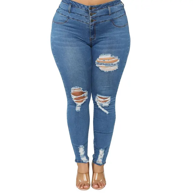 High waist ripped large size fat jeans Dark Blue - Shop at LoveMi