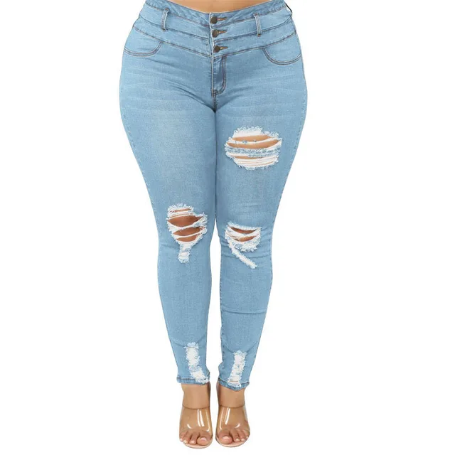 High waist ripped large size fat jeans - Light Blue