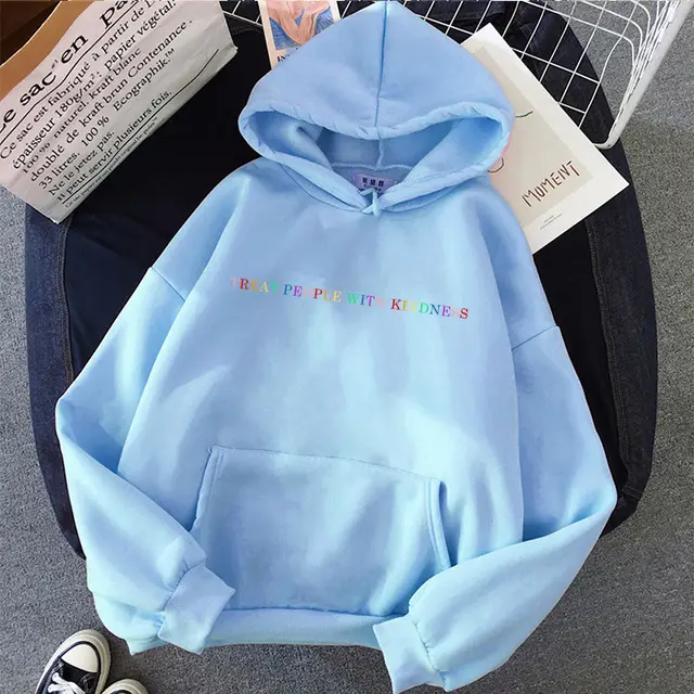 Hooded Letter Sweater Solid Color Loose Casual Women's Clothing - Bule