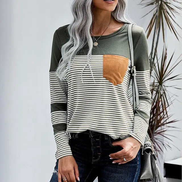 Striped stitching contrast color long sleeve Green - Shop at LoveMi