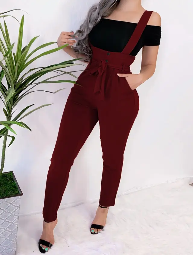 Fashion sexy slim casual suspender trousers Wine Red - Shop at LoveMi