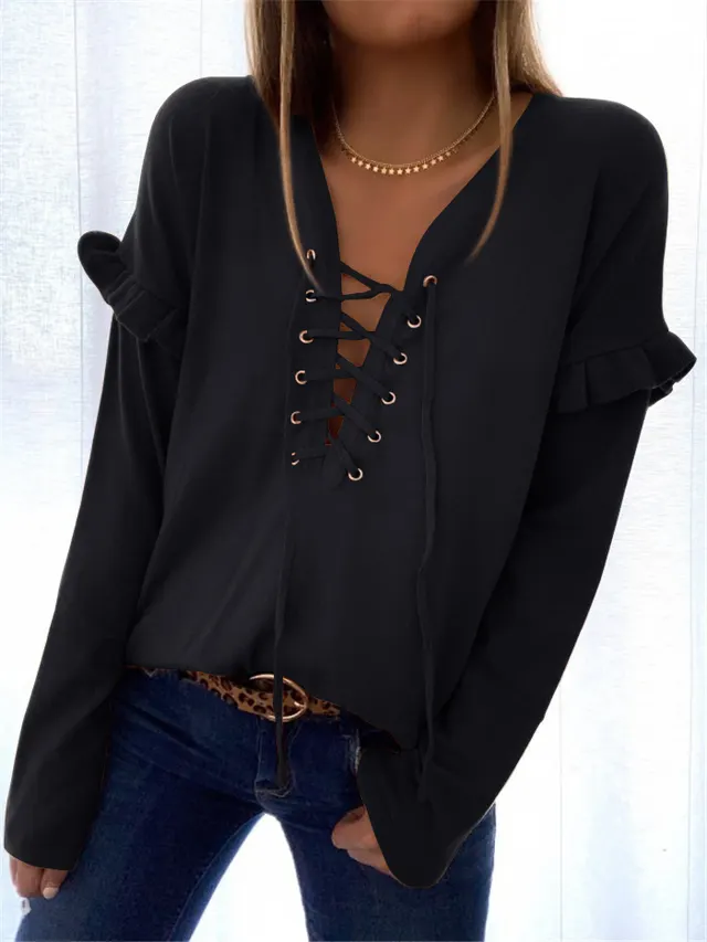 V Neck Eyelet Lace Up Ruffled Long Sleeved Sweater Top Black - Shop at LoveMi