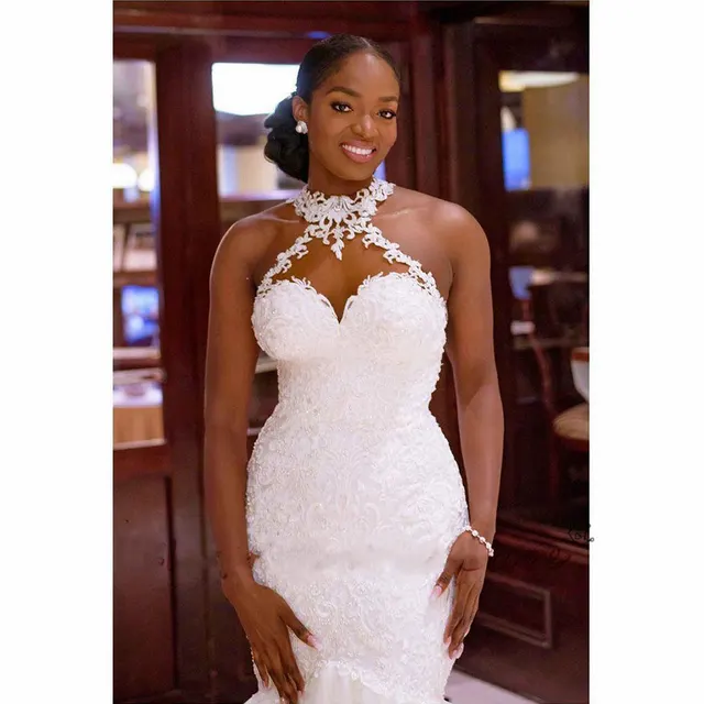 Vintage Lace Beaded Wedding Dresses Sheer Neck Mermaid Bridal Dresses Wedding Gowns White - Shop at LoveMi