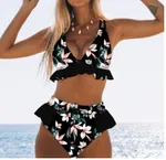 Ruffled bikini high waist printed swimsuit - Black