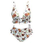 Ruffled bikini high waist printed swimsuit - White