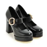 Women's Small Size Thick High-heeled Shoes With Buckle - Black