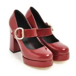 Women's Small Size Thick High-heeled Shoes With Buckle - Claret-39