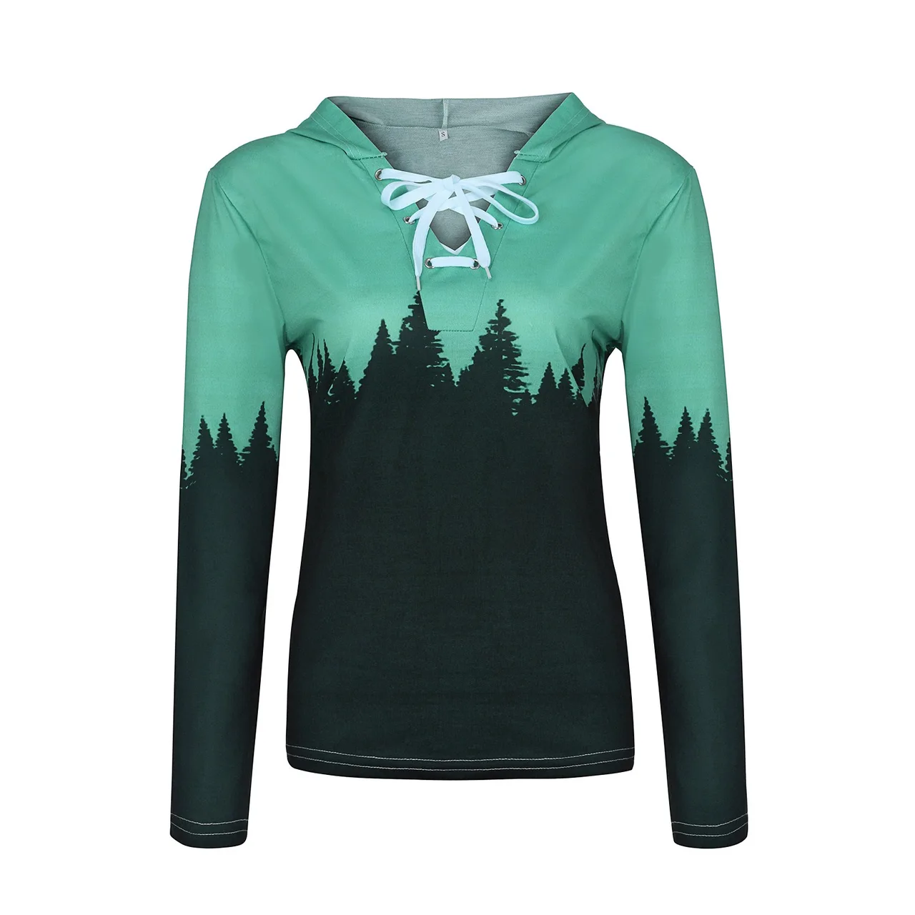 Autumn and winter new printed hooded lace-up tree top - Green