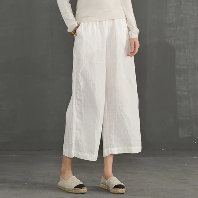 Solid color cotton and linen retro simple casual pants - White