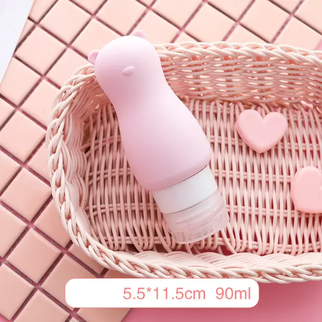 Portable squeeze dispenser travel soft lotion bottle, press facial cleanser, shower gel, shampoo, silicone bottle - Light Pink Bear