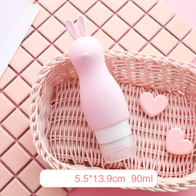 Portable squeeze dispenser travel soft lotion bottle, press facial cleanser, shower gel, shampoo, silicone bottle - Light Pink Rabbit