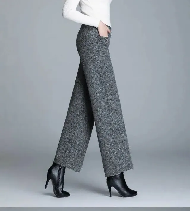 High Waist Loose Cropped Casual Woolen Trousers Grey - Shop at LoveMi