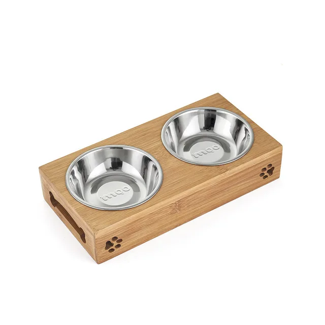 Double bowl stainless steel with bamboo frame for cat's tableware - Stainless Steel