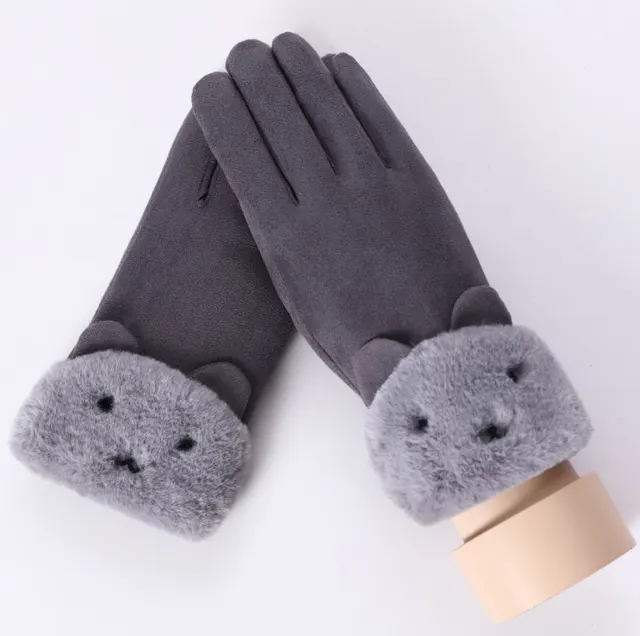 New Winter Female Lace Warm Cashmere Three Ribs Cute Bear Mittens Double thick Plush Wrist Women Touch Screen Driving Gloves 81C 081A3 Grey - Shop at LoveMi