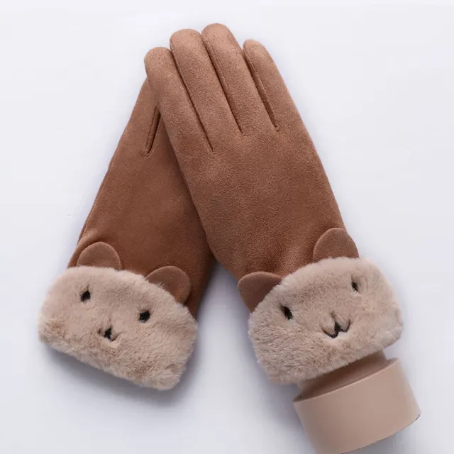 New Winter Female Lace Warm Cashmere Three Ribs Cute Bear Mittens Double thick Plush Wrist Women Touch Screen Driving Gloves 81C 081A3 Khaki - Shop at LoveMi