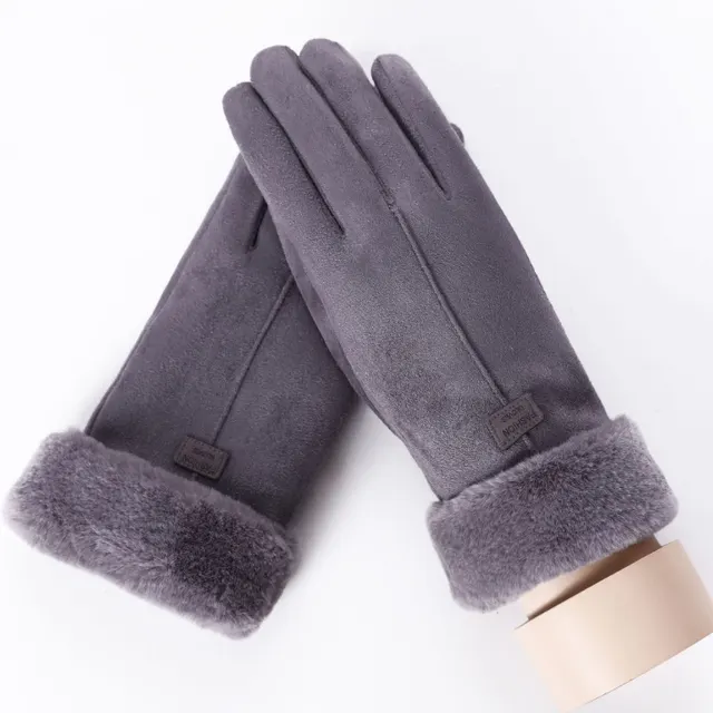 New Winter Female Lace Warm Cashmere Three Ribs Cute Bear Mittens Double thick Plush Wrist Women Touch Screen Driving Gloves 81C - 081C3 Grey