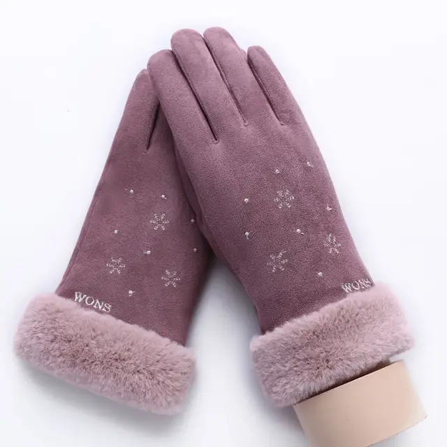New Winter Female Lace Warm Cashmere Three Ribs Cute Bear Mittens Double thick Plush Wrist Women Touch Screen Driving Gloves 81C 081E3 Bean Sand - Shop at LoveMi