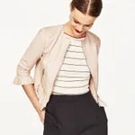 Ruffle cropped round-neck leather jacket - Apricot