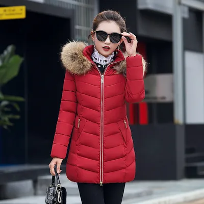 Mid length Slim Cotton Jacket Large Fur Collar Down Jacket Gules L - Shop at LoveMi