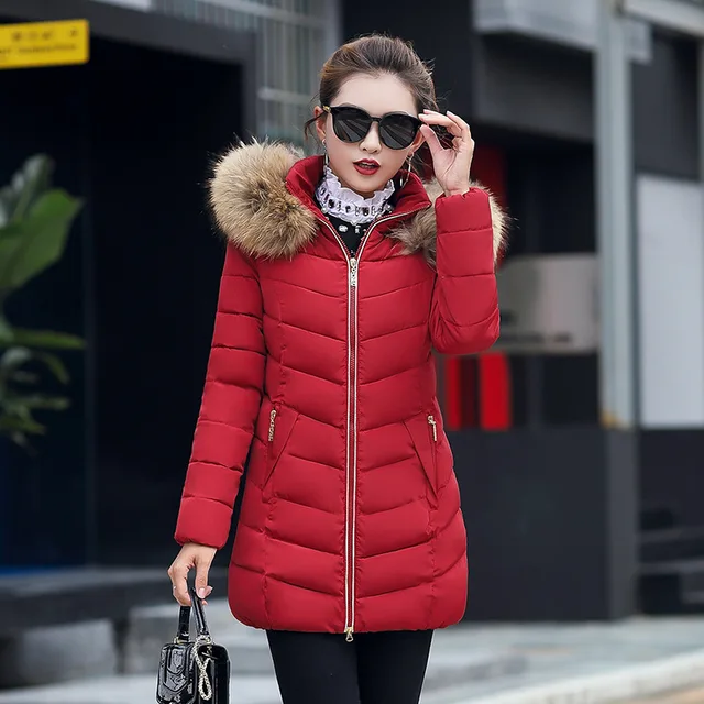 Mid length Slim Cotton Jacket Large Fur Collar Down Jacket Gules - Shop at LoveMi