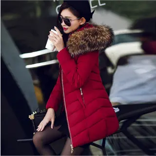 Mid-length Slim Cotton Jacket Large Fur Collar Down Jacket - Wine Red
