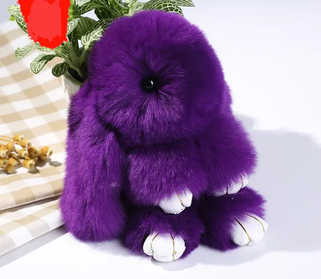 15cm Cute Pluff Bunny Keychain Rex Genuine Rabbit Fur Key Chains For Women Bag Toys Doll Fluffy Pom Pom Lovely Pompom Keyring - Dark Purple