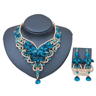 speed selling explosion, African, European and American color exaggerated bride necklace earrings set of alloy manufacturers Peacock Blue - Shop at LoveMi