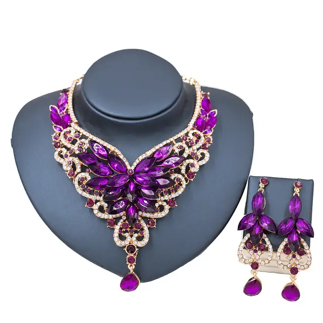 speed selling explosion, African, European and American color exaggerated bride necklace earrings set of alloy manufacturers Purple - Shop at LoveMi