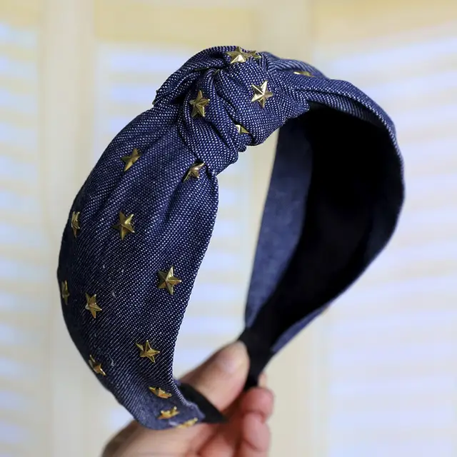 Denim art hot diamond star knotted headband - Dark Blue Tie Dye