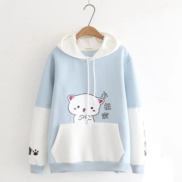 Winter childlike cartoon hooded sweater - Blue