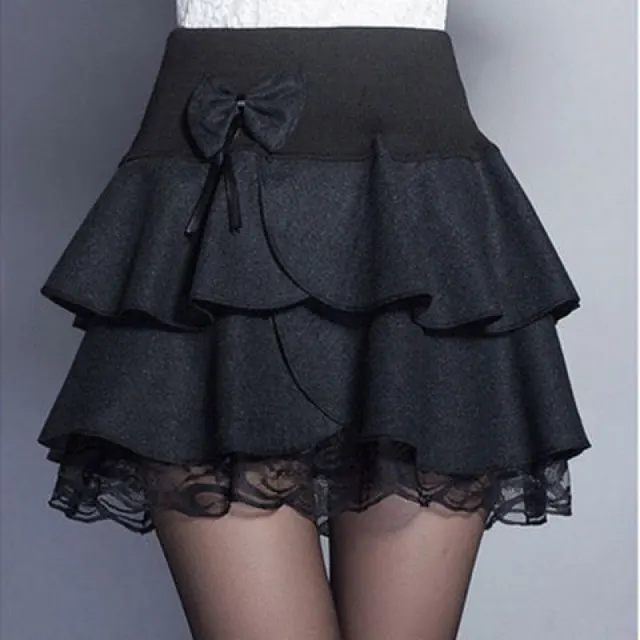Fine Korean autumn and winter woolen skirt - Lotus Leaf Black